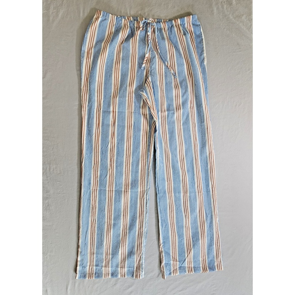 Cali 1850 Striped Pants Women Large Blue White Brown Drawstring Pockets